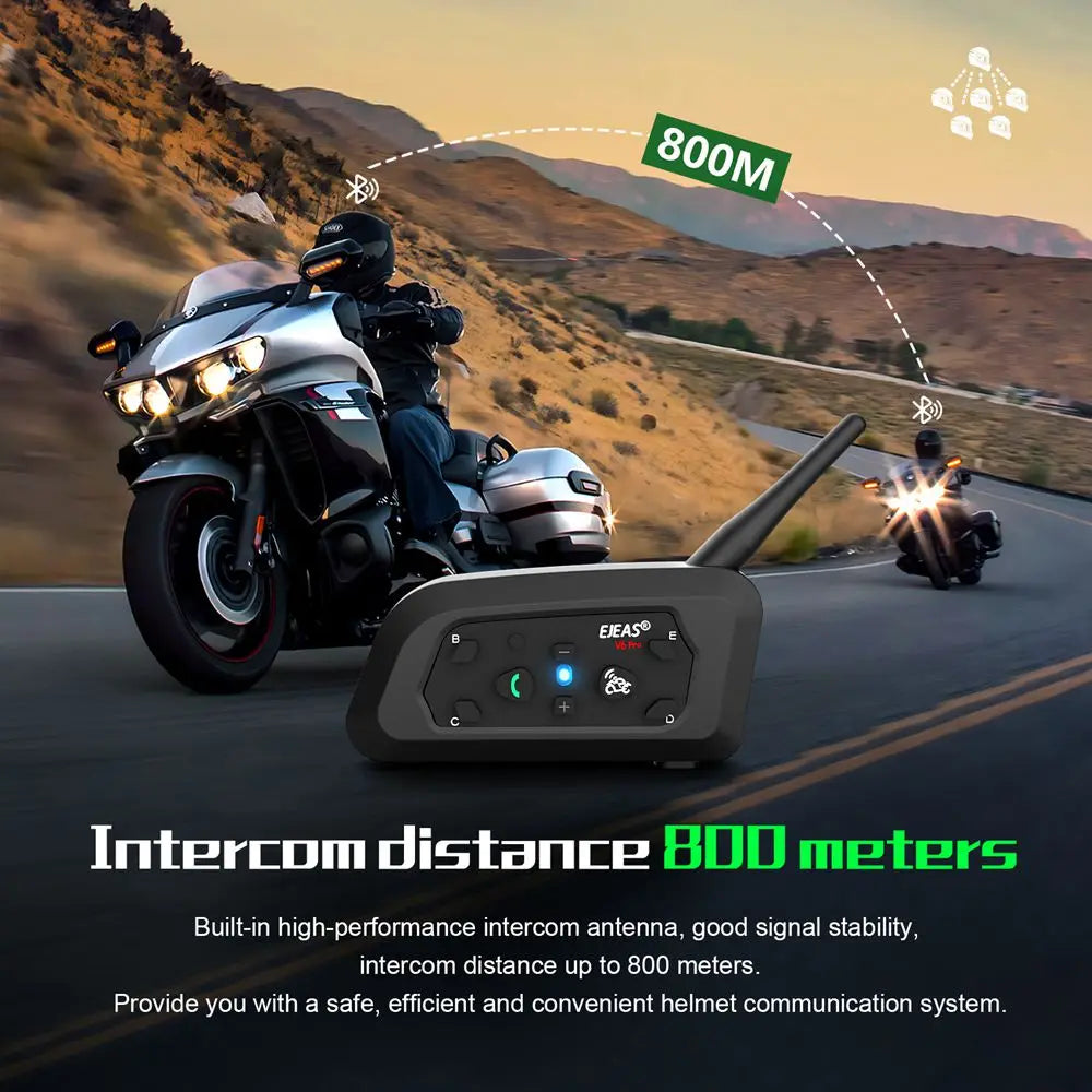 EJEAS V6 PRO+ Bluetooth Motorcycle Helmet Intercom Headset with 1200M BT Interphone Communicator for 6 Riders Waterproof