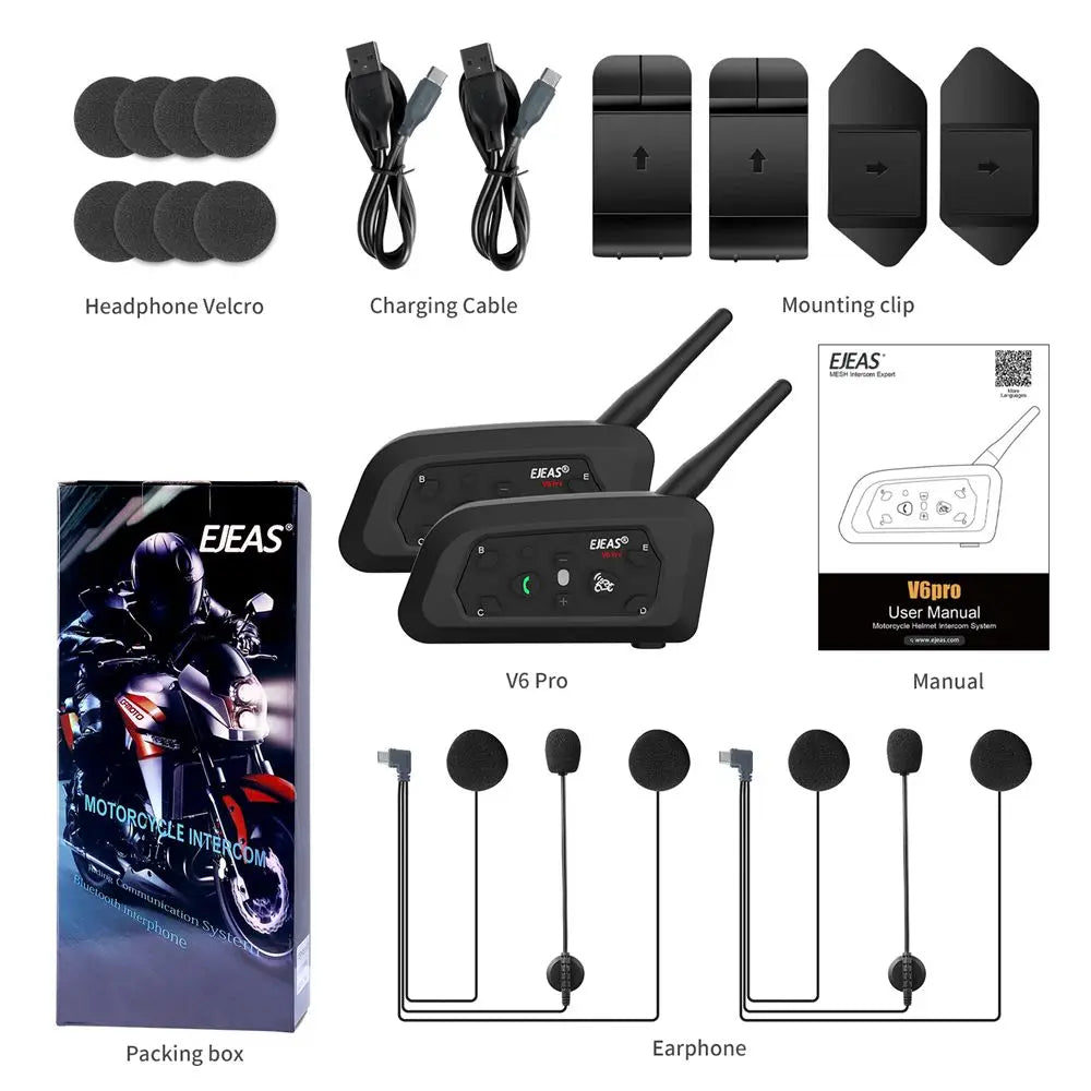 EJEAS V6 PRO+ Bluetooth Motorcycle Helmet Intercom Headset with 1200M BT Interphone Communicator for 6 Riders Waterproof